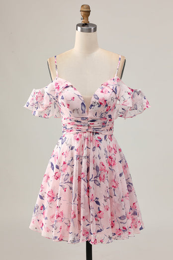 Floral Pink Ruched Chiffon Short Homecoming Dress with Ruffles