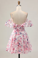 Load image into Gallery viewer, Floral Pink Ruched Chiffon Short Homecoming Dress with Ruffles
