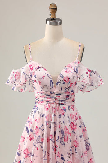 Floral Pink Ruched Chiffon Short Homecoming Dress with Ruffles