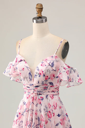 Floral Pink Ruched Chiffon Short Homecoming Dress with Ruffles