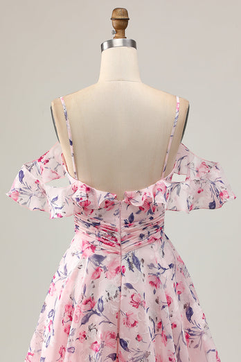 Floral Pink Ruched Chiffon Short Homecoming Dress with Ruffles