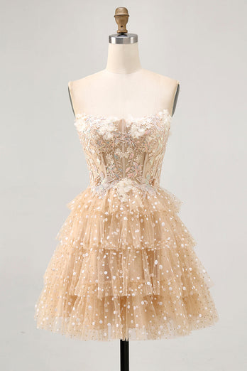 Sparkly Champagne Floral Polka Dots Corset Short Homecoming Dress