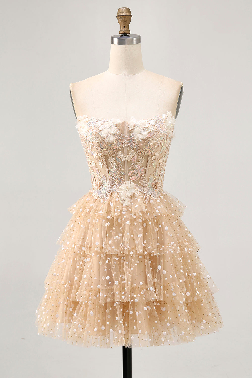 Sparkly Champagne Floral Polka Dots Corset Short Homecoming Dress