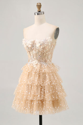 Sparkly Champagne Floral Polka Dots Corset Short Homecoming Dress