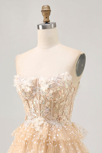 Sparkly Champagne Floral Polka Dots Corset Short Homecoming Dress