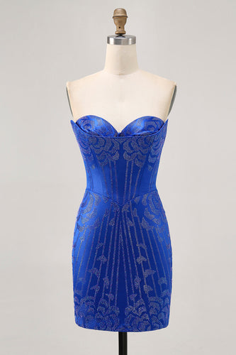 Sparkly Royal Blue Satin Tight Short Homecoming Dress with Beading