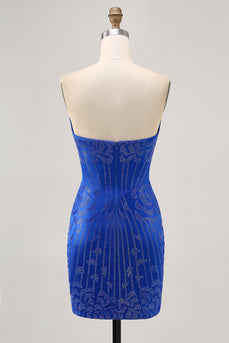 Sparkly Royal Blue Satin Tight Short Homecoming Dress with Beading