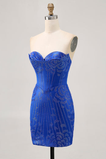 Sparkly Royal Blue Satin Tight Short Homecoming Dress with Beading