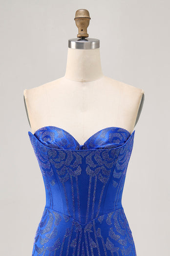 Sparkly Royal Blue Satin Tight Short Homecoming Dress with Beading