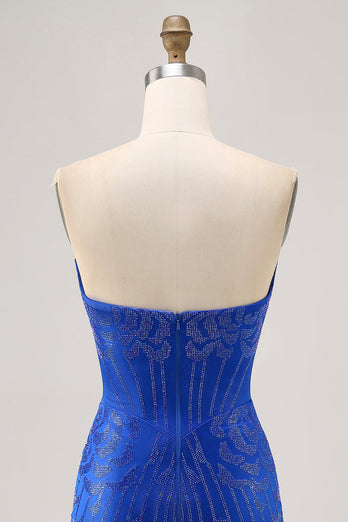 Sparkly Royal Blue Satin Tight Short Homecoming Dress with Beading