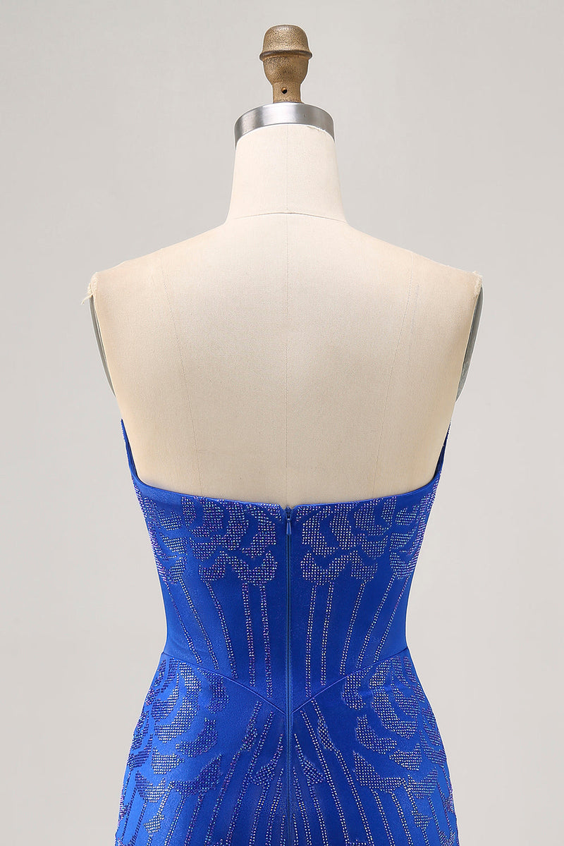 Load image into Gallery viewer, Sparkly Royal Blue Satin Tight Short Homecoming Dress with Beading