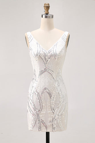 Sparkly White Tight V-Neck Short Homecoming Dress with Sequins