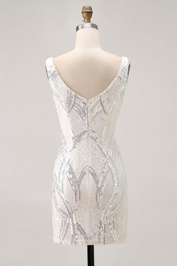 Sparkly White Tight V-Neck Short Homecoming Dress with Sequins