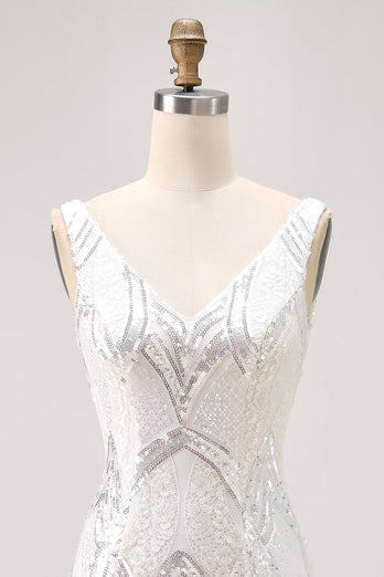 Sparkly White Tight V-Neck Short Homecoming Dress with Sequins
