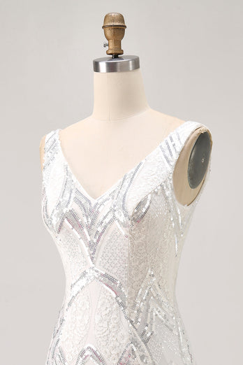Sparkly White Tight V-Neck Short Homecoming Dress with Sequins