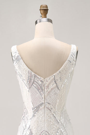 Sparkly White Tight V-Neck Short Homecoming Dress with Sequins