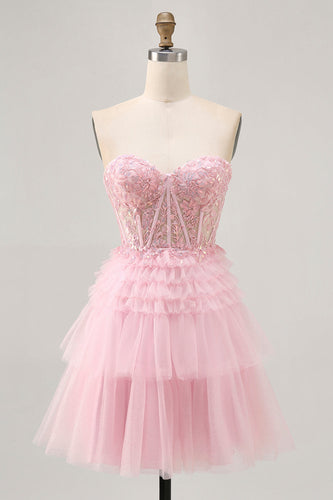 Sparkly Pink Tulle A Line Short Corset Homecoming Dress with Lace