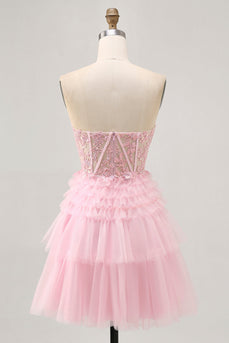 Sparkly Pink Tulle A Line Short Corset Homecoming Dress with Lace