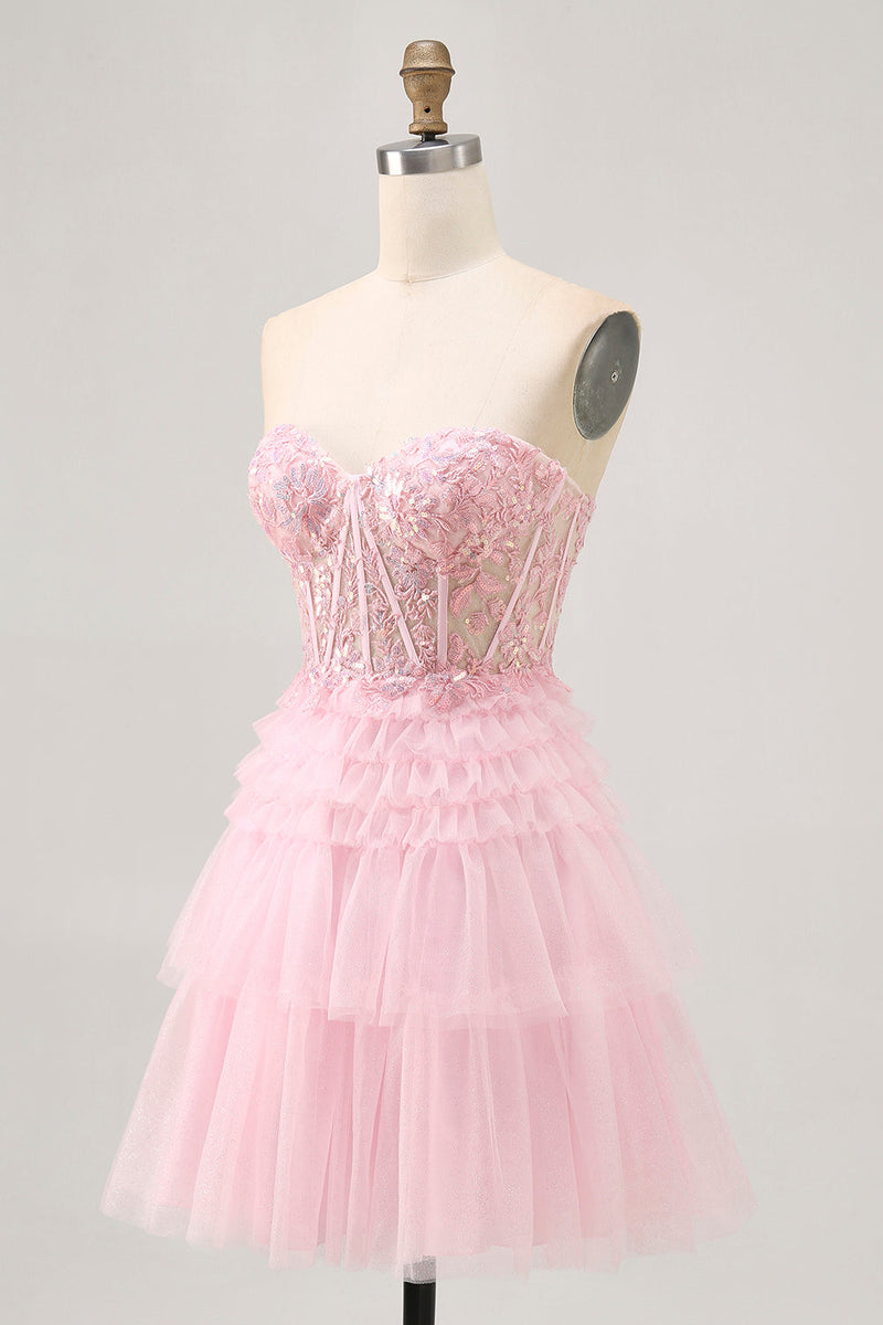 Load image into Gallery viewer, Sparkly Pink Tulle A Line Short Corset Homecoming Dress with Lace