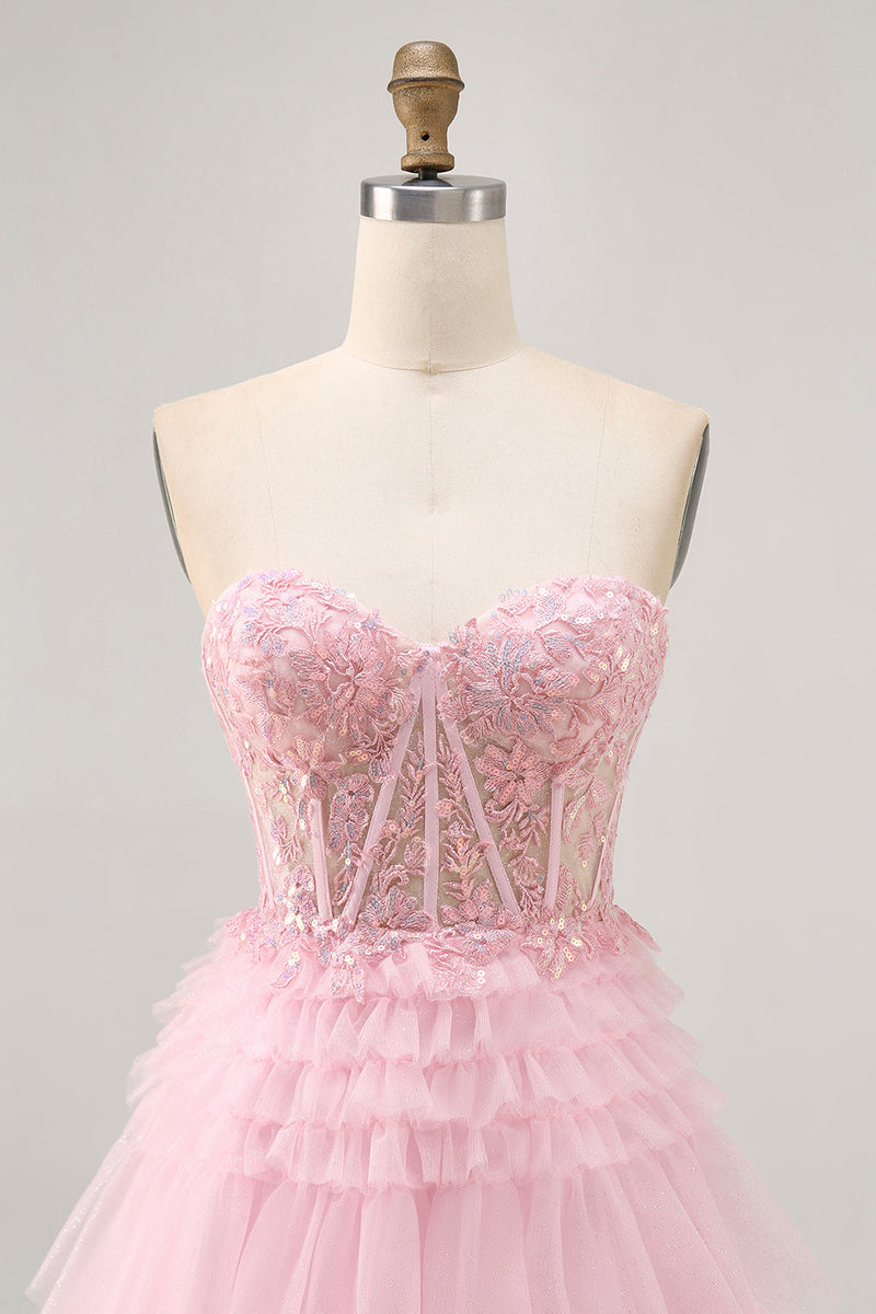 Load image into Gallery viewer, Sparkly Pink Tulle A Line Short Corset Homecoming Dress with Lace