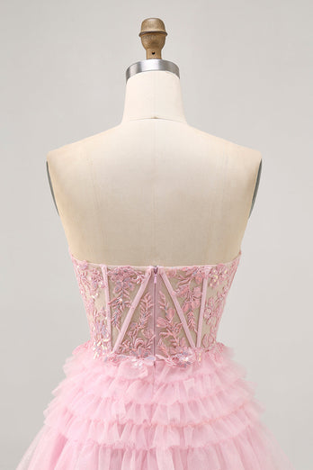 Sparkly Pink Tulle A Line Short Corset Homecoming Dress with Lace