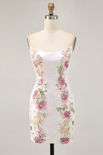 Sparkly White Floral Tight Sequined Short Homecoming Dress