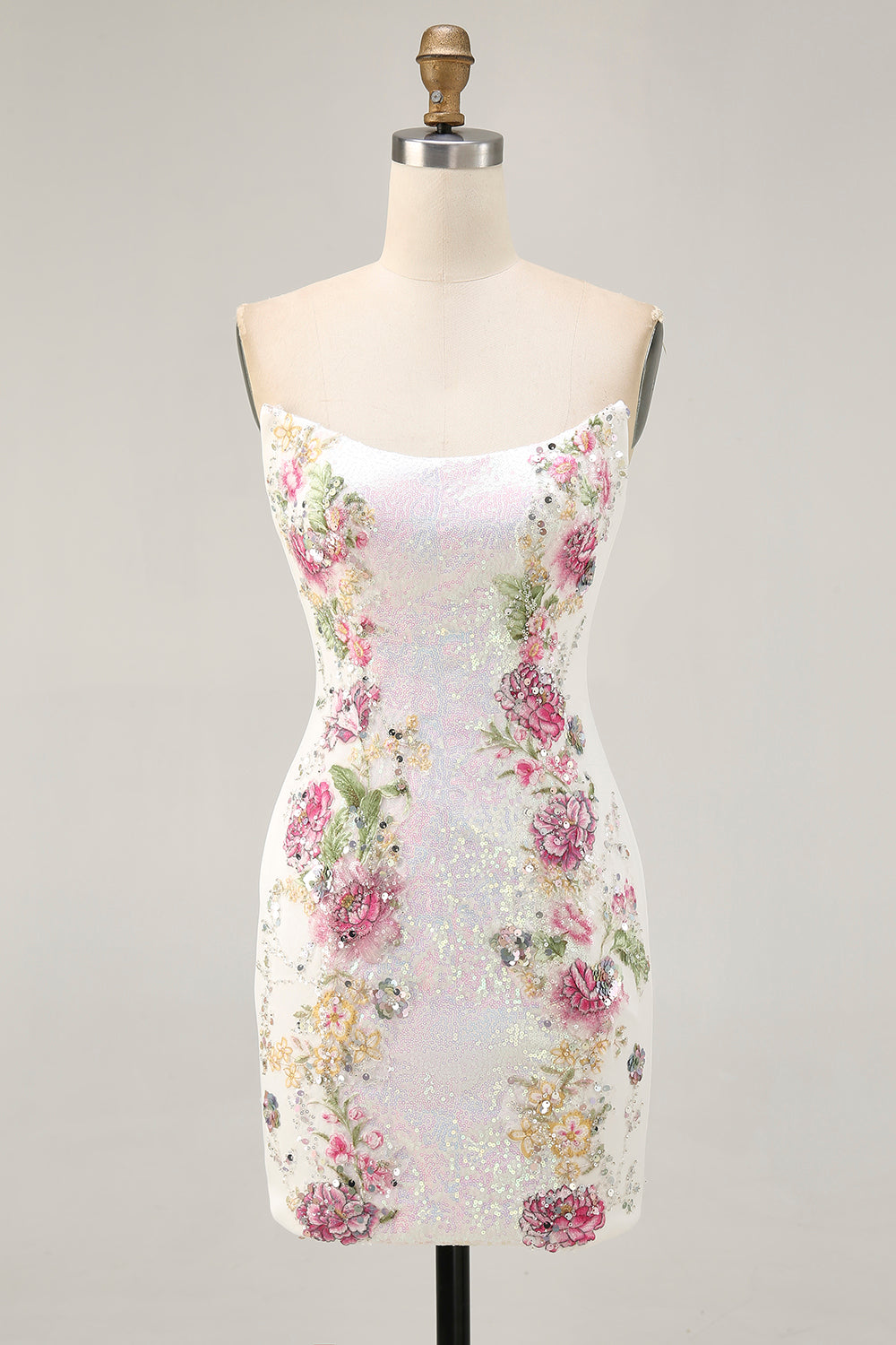 Sparkly White Floral Tight Sequined Short Homecoming Dress