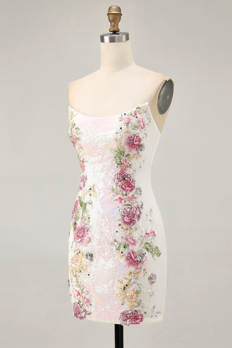 Load image into Gallery viewer, Sparkly White Floral Tight Sequined Short Homecoming Dress
