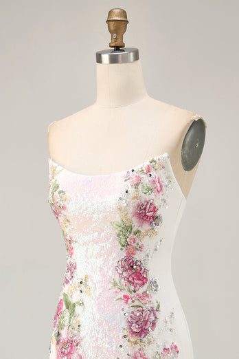 Sparkly White Floral Tight Sequined Short Homecoming Dress