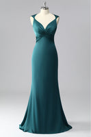 Load image into Gallery viewer, Peacock Blue Backless Satin V-Neck Ruched Mermaid Long Prom Dress