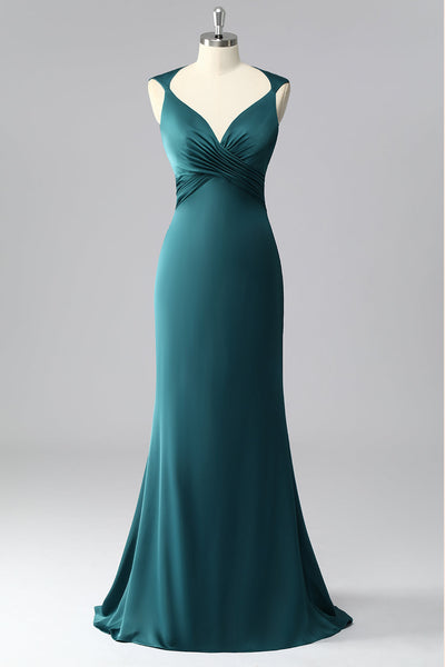 Peacock Blue Backless Satin V-Neck Ruched Mermaid Long Prom Dress