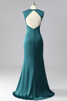 Load image into Gallery viewer, Peacock Blue Backless Satin V-Neck Ruched Mermaid Long Prom Dress