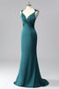 Load image into Gallery viewer, Peacock Blue Backless Satin V-Neck Ruched Mermaid Long Prom Dress