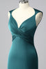 Load image into Gallery viewer, Peacock Blue Backless Satin V-Neck Ruched Mermaid Long Prom Dress