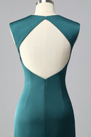 Load image into Gallery viewer, Peacock Blue Backless Satin V-Neck Ruched Mermaid Long Prom Dress