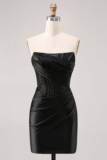 Black Strapless Corset Satin Short Tight Homecoming Dress