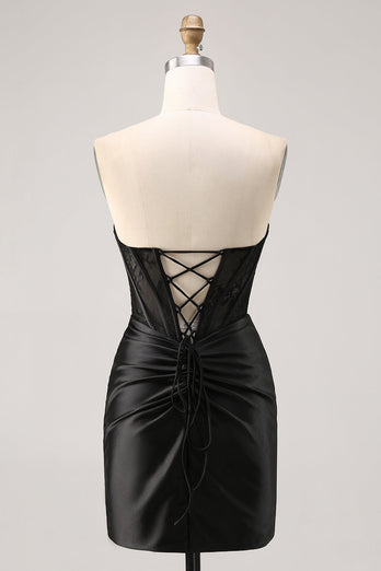 Black Strapless Corset Satin Short Tight Homecoming Dress