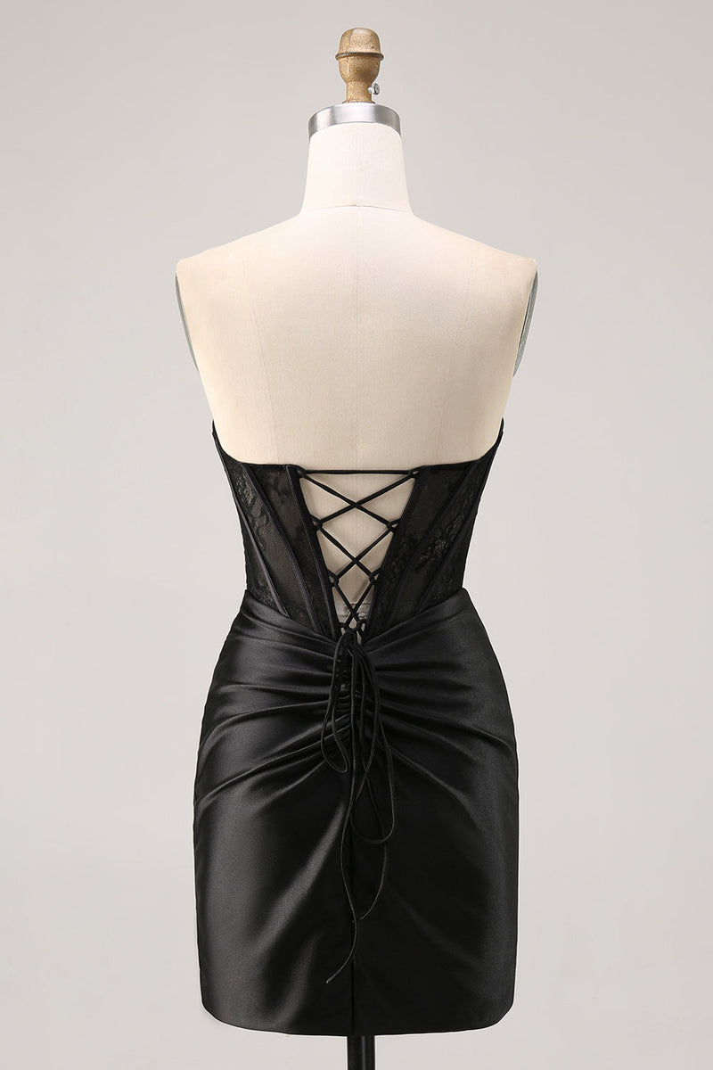 Load image into Gallery viewer, Black Strapless Corset Satin Short Tight Homecoming Dress