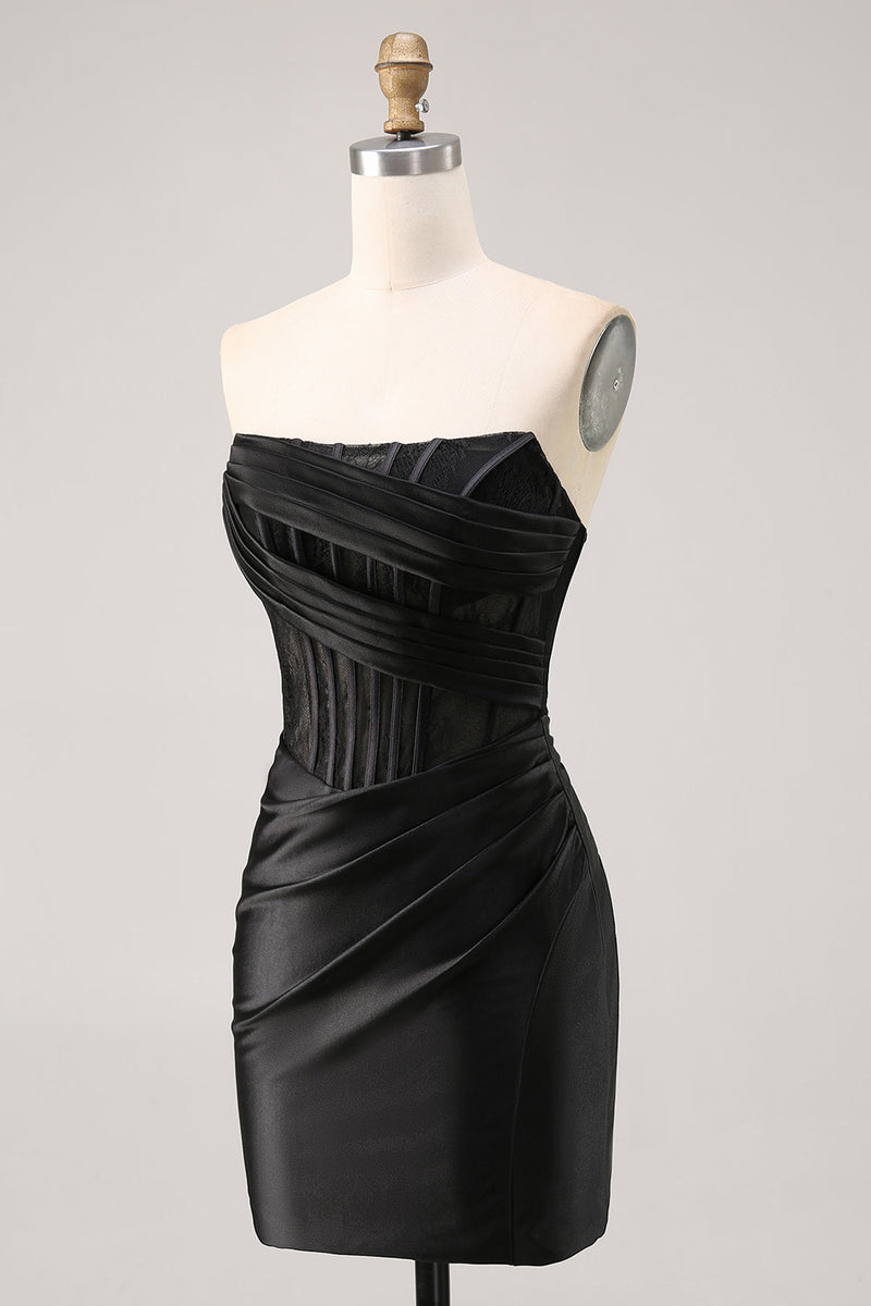 Load image into Gallery viewer, Black Strapless Corset Satin Short Tight Homecoming Dress