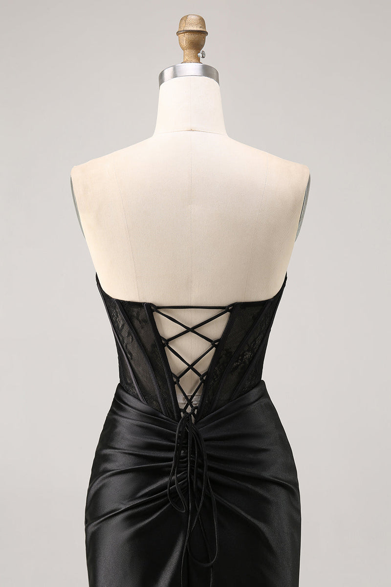 Load image into Gallery viewer, Black Strapless Corset Satin Short Tight Homecoming Dress
