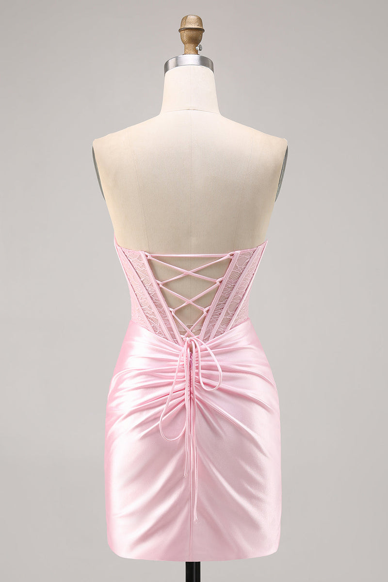 Load image into Gallery viewer, Black Strapless Corset Satin Short Tight Homecoming Dress