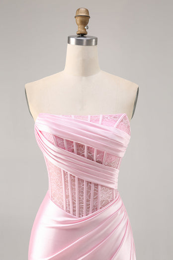 Pink Strapless Short Corset Satin Ruched Homecoming Dress