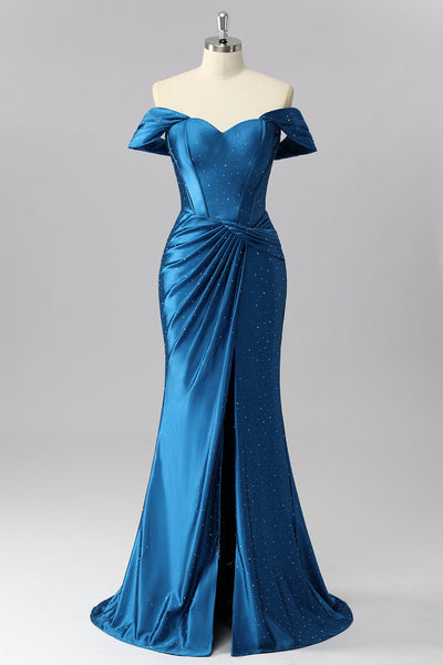 Sparkly Dark Blue Mermaid Satin Beaded Off the Shoulder Long Corset Prom Dress