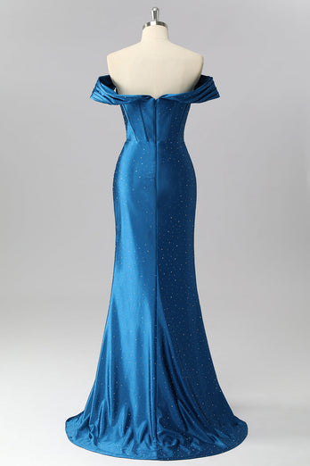 Sparkly Dark Blue Mermaid Satin Beaded Off the Shoulder Long Corset Prom Dress