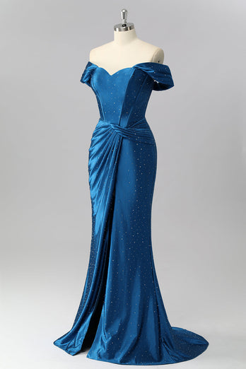 Sparkly Dark Blue Mermaid Satin Beaded Off the Shoulder Long Corset Prom Dress