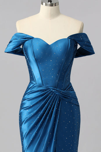 Sparkly Dark Blue Mermaid Satin Beaded Off the Shoulder Long Corset Prom Dress