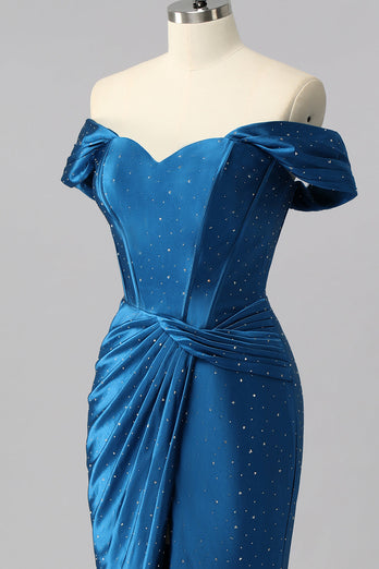 Sparkly Dark Blue Mermaid Satin Beaded Off the Shoulder Long Corset Prom Dress
