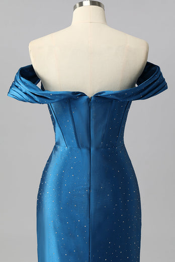 Sparkly Dark Blue Mermaid Satin Beaded Off the Shoulder Long Corset Prom Dress
