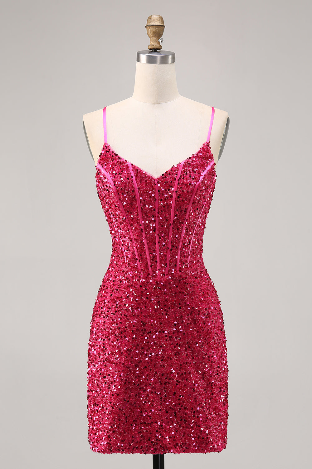 Sparkly Fuchsia Short Corset Tight Sequins Homecoming Dress