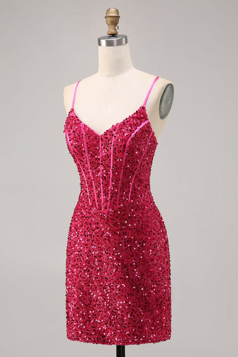 Sparkly Fuchsia Short Corset Tight Sequins Homecoming Dress